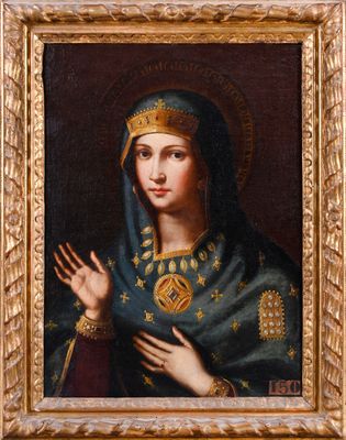 a painting of a woman wearing a blue veil and gold jewelry