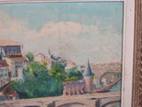 a painting of a bridge over a river with buildings in the background