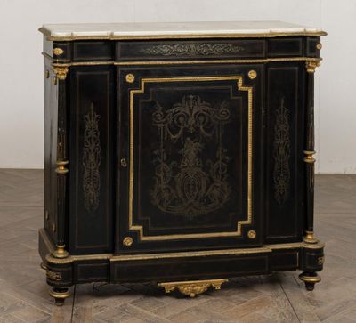 an image of a black and gold cabinet with a marble top