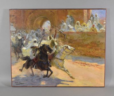 une peinture à l'huile représentant un homme à cheval devant une foule de gens