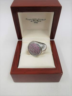 Bague or blanc 18 cts et saphirs roses - poids brut 13, 5 gr…