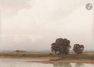 une photo d'un tableau représentant une rivière avec des arbres en arrière-plan