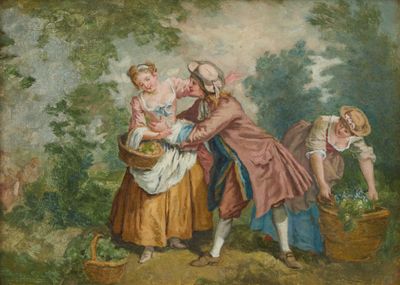 une image représentant un tableau où l'on voit trois femmes cueillir des fleurs dans un bois