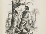 une vieille illustration en noir et blanc représentant un homme tenant une pelle