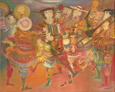 painting of a group of people dressed in costumes and holding musical instruments