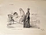 un dessin représentant une femme au lit et un homme assis sur une chaise