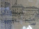 a picture of a drawing of a city by the water