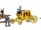 toy figurines of a horse drawn carriage with a man on a horse