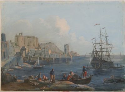 une peinture représentant des personnes sur un bateau dans l'eau