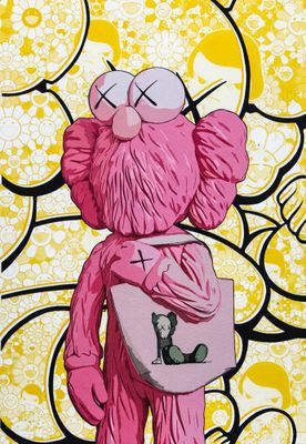 un tableau représentant un ours en peluche rose tenant un sac à main rose