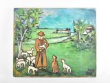 un tableau représentant un homme et un chien dans un champ