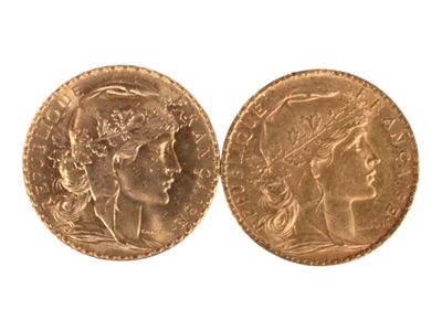 Deux pièces de vingt francs or au coq, 1907 et 1912. Usures. - Photo 1