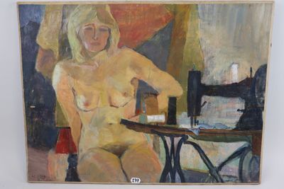 painting of a woman sitting at a table in front of a sewing machine