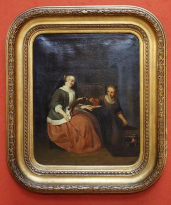 une image représentant un tableau où l'on voit une femme en train de lire un livre, avec un homme assis à côté d'elle