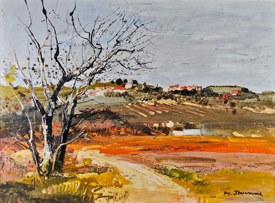une peinture à l'huile représentant un chemin de terre avec un arbre au premier plan