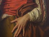 painting of a man in a red shirt and brown pants holding a cane