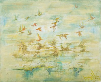 Robert BOUQUILLON (1923-2013). "Les oiseaux", huile sur toil…