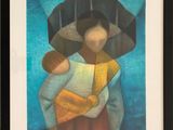 tableau représentant une femme tenant un enfant sous un parapluie