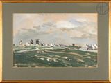 painting of a landscape with windmills in the distance and clouds in the sky
