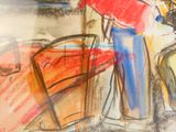 un dessin représentant une femme tenant un parapluie sous la pluie