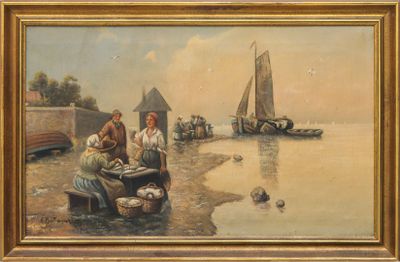 painting of a group of people sitting on a beach next to a body of water