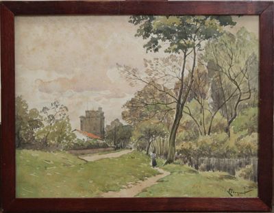 une image représentant un tableau montrant un sentier dans un parc, avec un château en arrière-plan