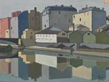 a painting of a city by the water with a boat