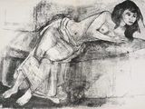 a black and white drawing of a woman laying on a couch