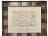 framed drawing of a man and a woman sitting on a couch