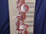 painting of a group of people with umbrellas on a blue background