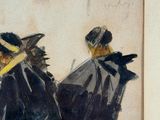 a painting of two men riding horses with hats on