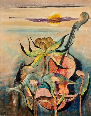 l'image d'un tableau représentant un vase contenant des fleurs