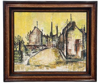 a painting of a street scene with buildings and trees in the background