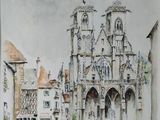 a watercolor painting of a church in the middle of a town