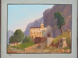 an old painting of a castle on a hill with a mountain in the background