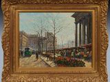 an image of a painting of a street scene with a bus