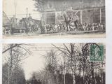 deux vieilles photos en noir et blanc représentant des chevaux et des calèches devant un bâtiment