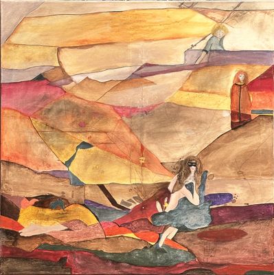 a painting of a woman sitting on the ground