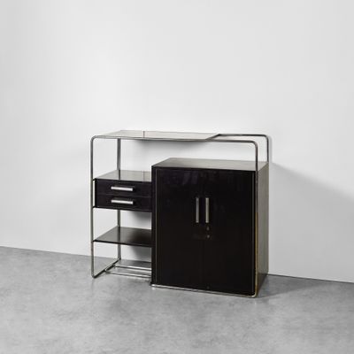 une image représentant un bureau noir et blanc avec des étagères et une étagère