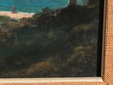 a picture of a painting of a man on the beach