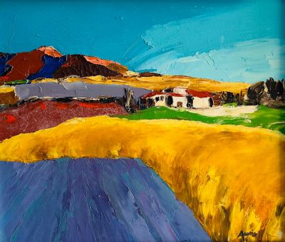 un tableau représentant un champ avec une maison au loin
