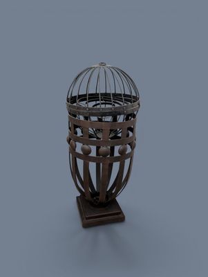 un oiseau dans une cage posée sur un support