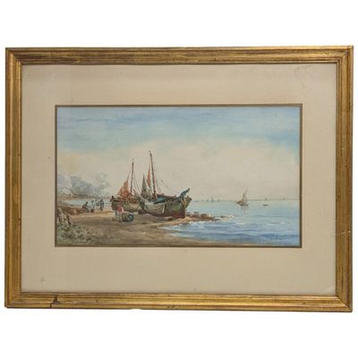 an image of a painting of boats on a beach by the water