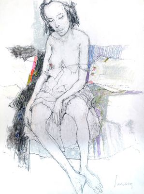 drawing of a woman sitting on a bench with a bird perched on her arm
