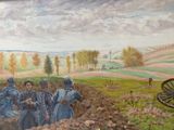 a painting of a group of people standing in a field