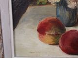a painting of two peaches and a vase of flowers on a table