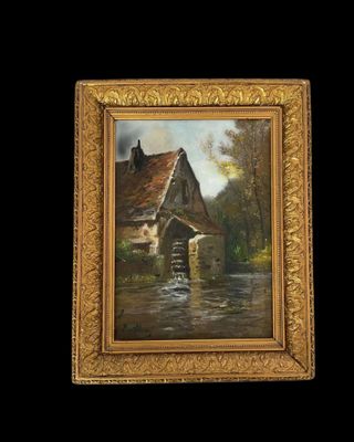 une peinture à l'huile représentant un moulin à eau au bord d'une rivière, avec une maison en arrière-plan