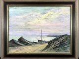 painting of a sailboat on a sandy beach with mountains in the background