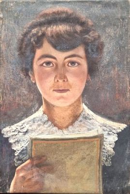 painting of a woman holding a book in her right hand