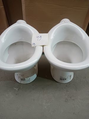 two white toilets sitting next to each other on the floor